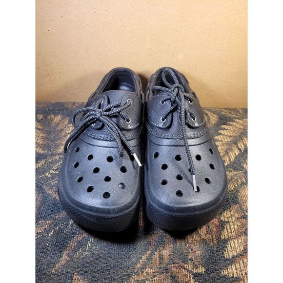 CROCS Men's Black Leather Islander Crew Lace Up Boat Shoes- Size 12